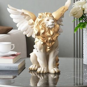 Statue lion ailé blanche et dorée 27 cm