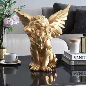 Statue dorée de lion ailé 27 cm, décoration élégante