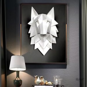 Statue murale tête de loup blanc 35 cm pour décoration intérieure