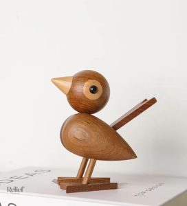 Statue Oiseau en Bois Nordique 12 cm - Chêne Foncé