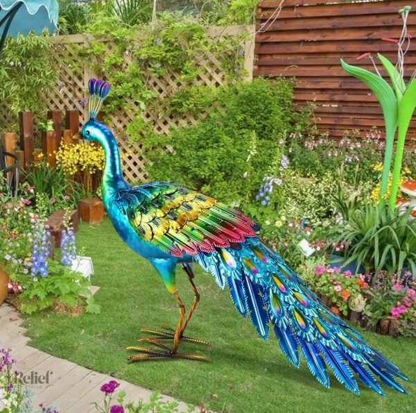 Statue en métal, paon coloré 45 cm, objet d'art design