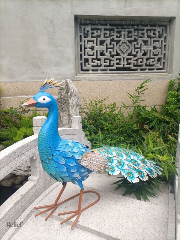 Statue déco Paon 62 cm, pièce unique en métal