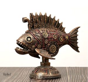 Décoration en métal, statue poisson steampunk, 23 cm