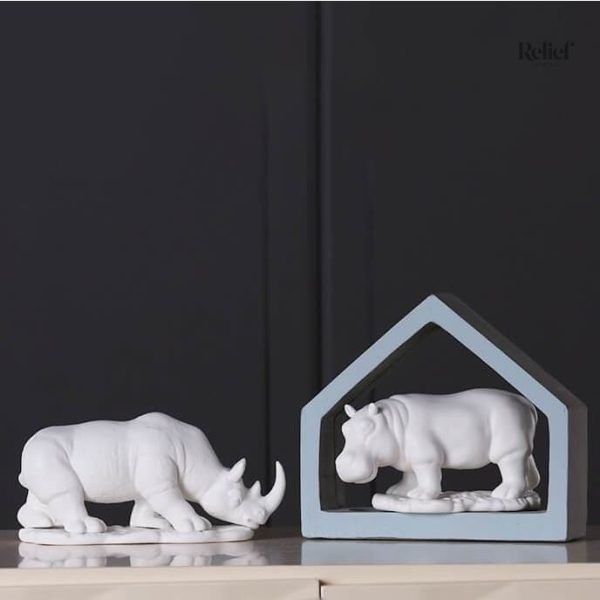 Rhinocéros décoratif en résine blanche pour intérieur