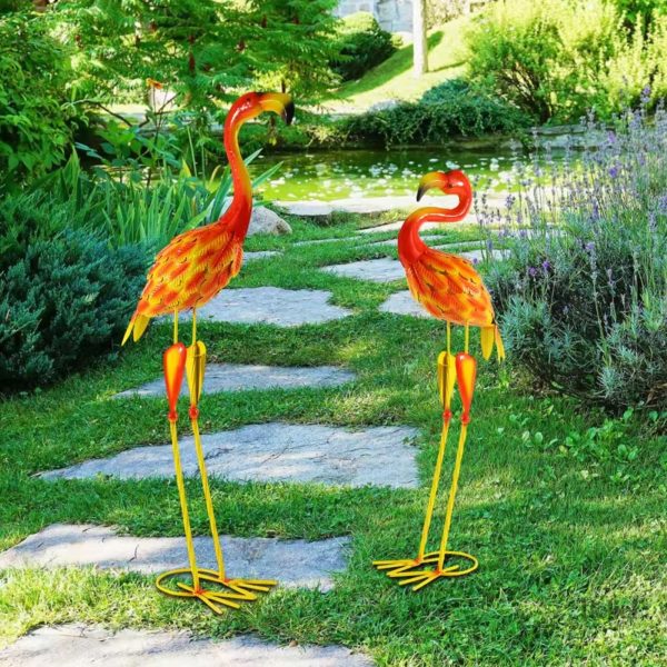 Statues flamant rose extérieur pour jardin, lot de 2