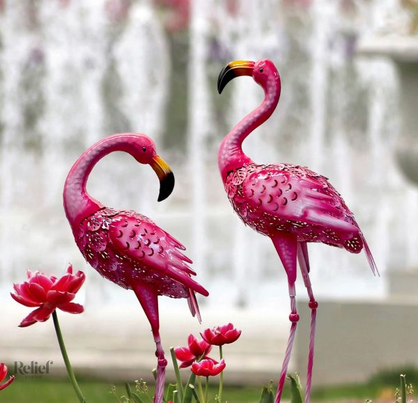 Statues flamant rose extérieur jardin - lot de 2