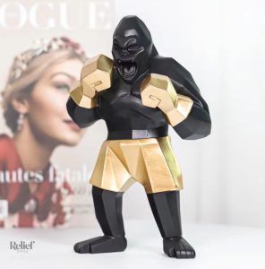 Statue Gorille Boxeur Noir et Or 25 cm
