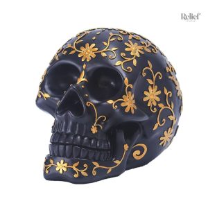 Crâne mexicain noir et doré 14 cm, décoration originale