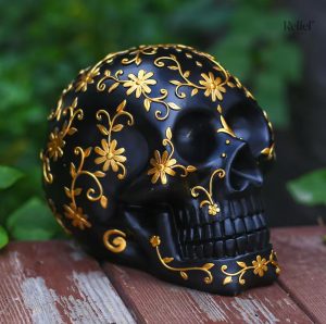 Accessoire de décoration tête de mort, noir et doré, 14 cm