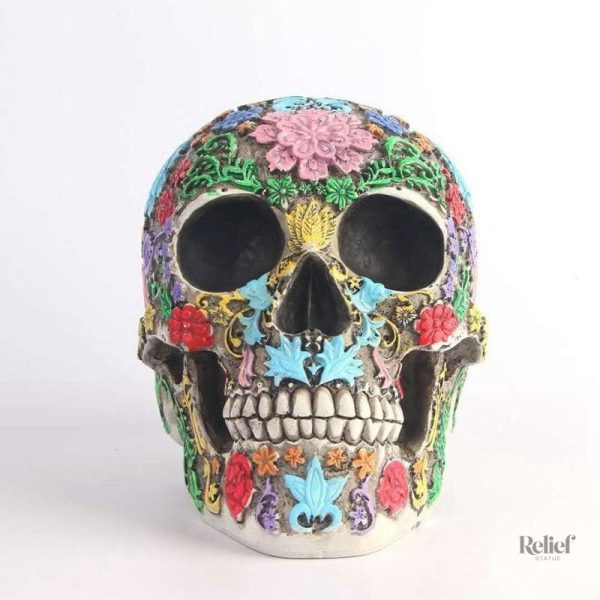Statue crâne colorée, art mexicain, 19 cm