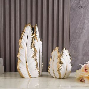 Vase céramique feuilles blanches et dorées 27 cm